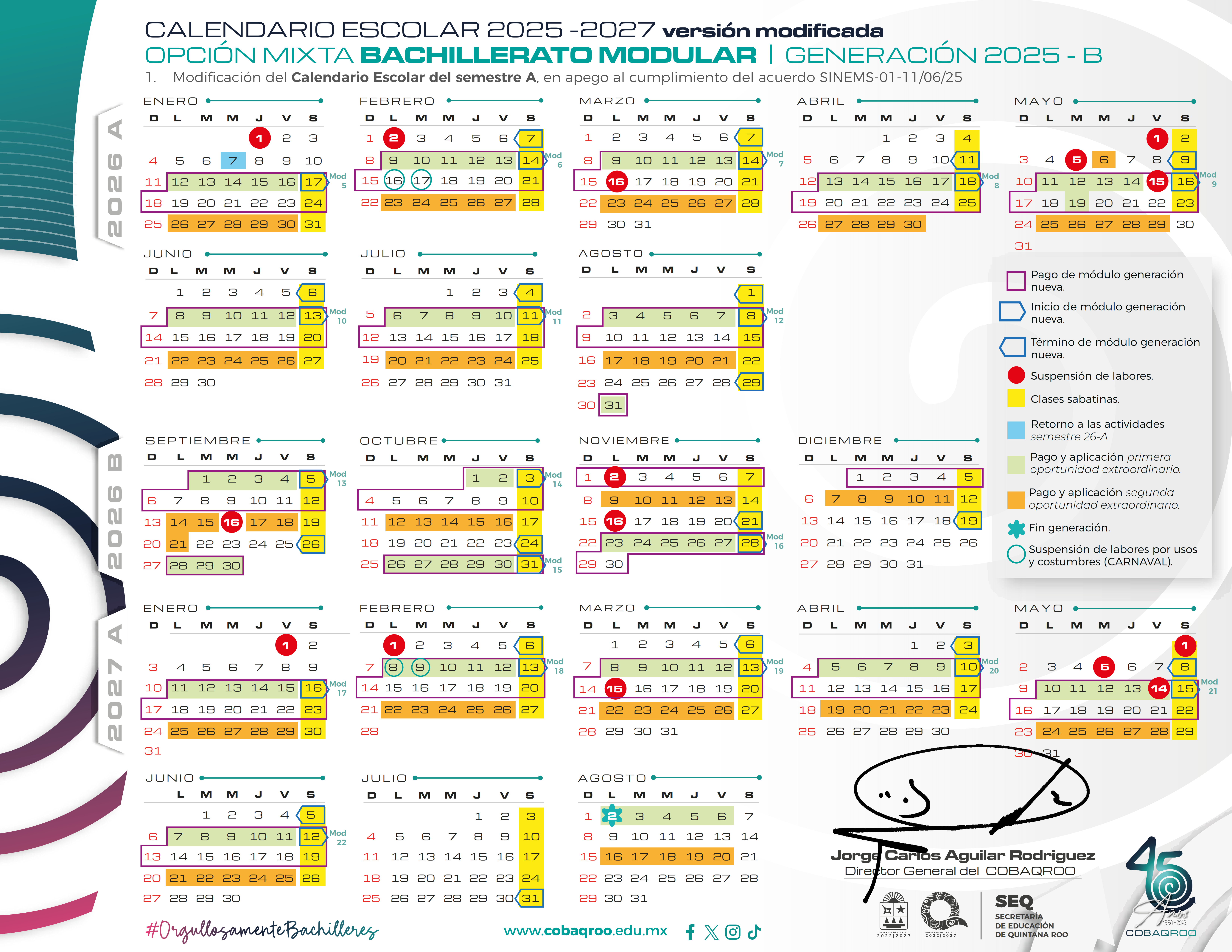 Calendario escolar 2026-A Bachillerato Modular Generación 25-B
